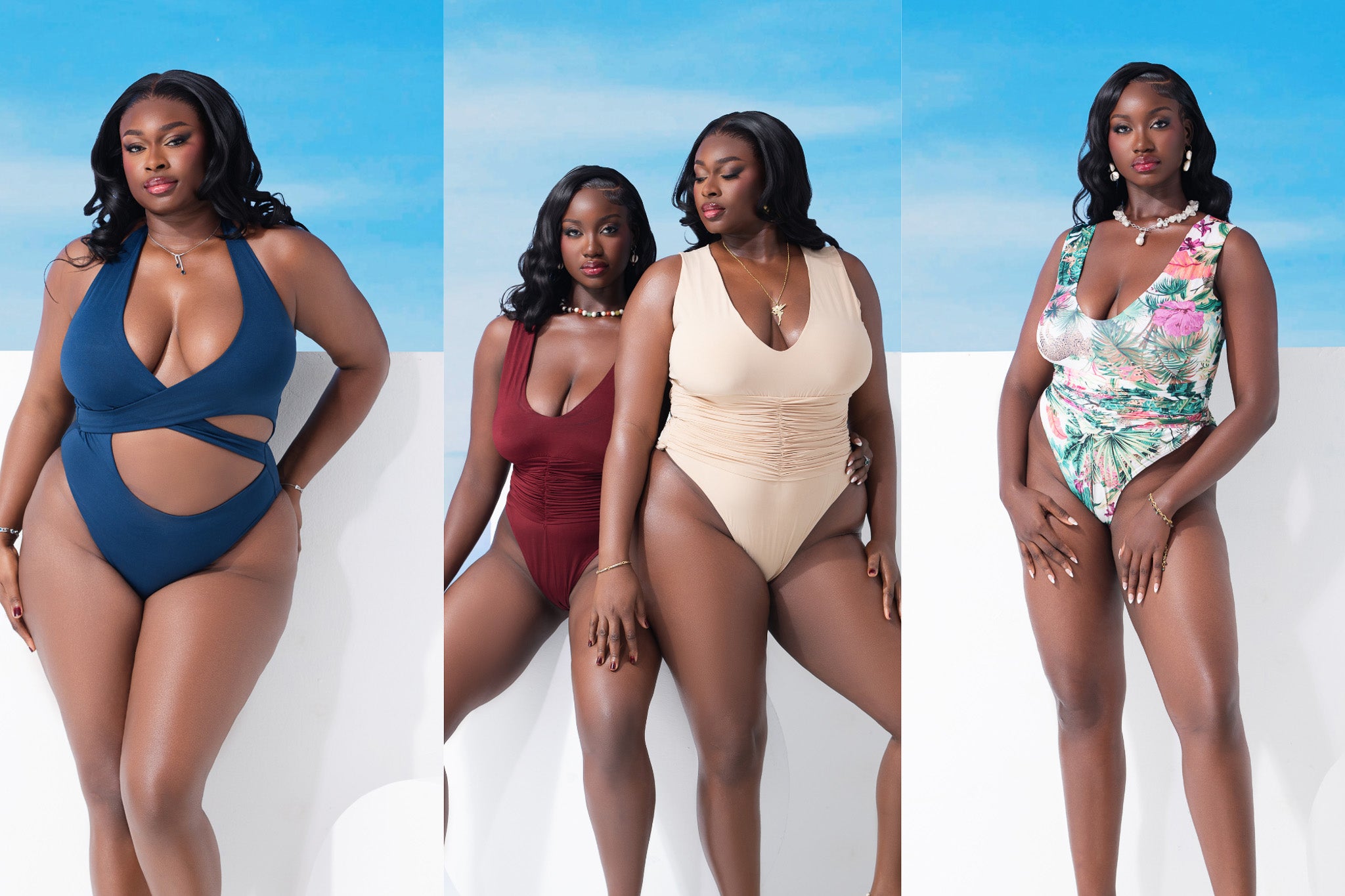 Two women wearing swimsuits against a white and blue background